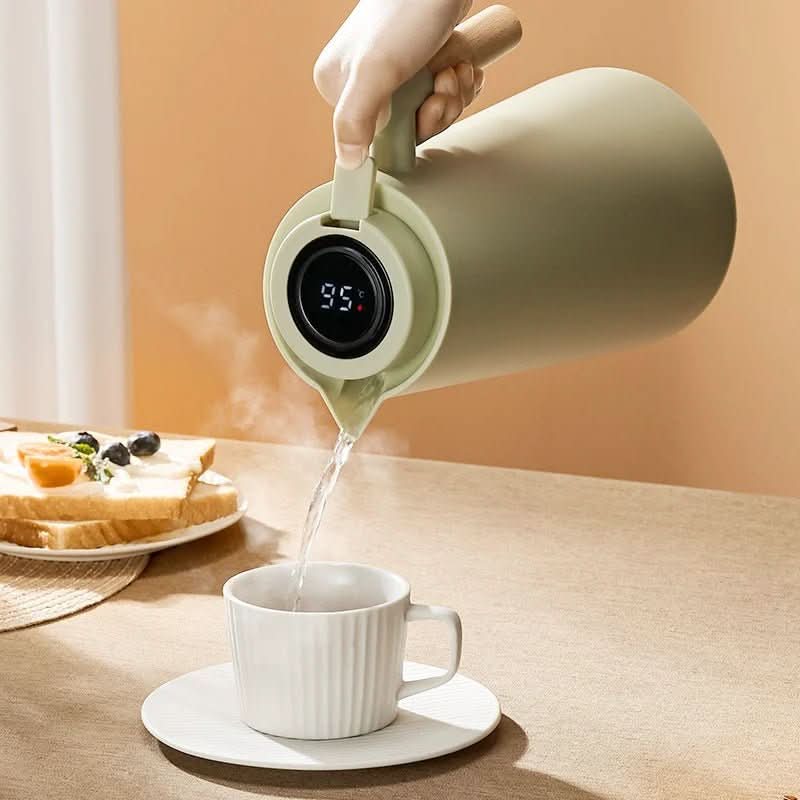 Thermoskan met Temperatuurindicator 1 Liter Dubbelwandig RVS Houten Handgreep Koffiekan Theekan Isoleerkan | Sansoti