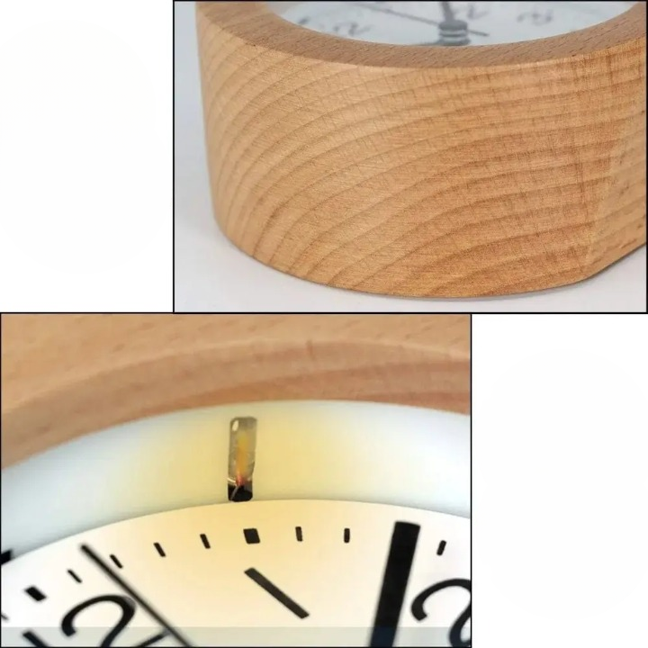 Stille Wekker van Beuken met LED-Nachtverlichting Analoog Quartz met Snooze-Functie | Sansoti