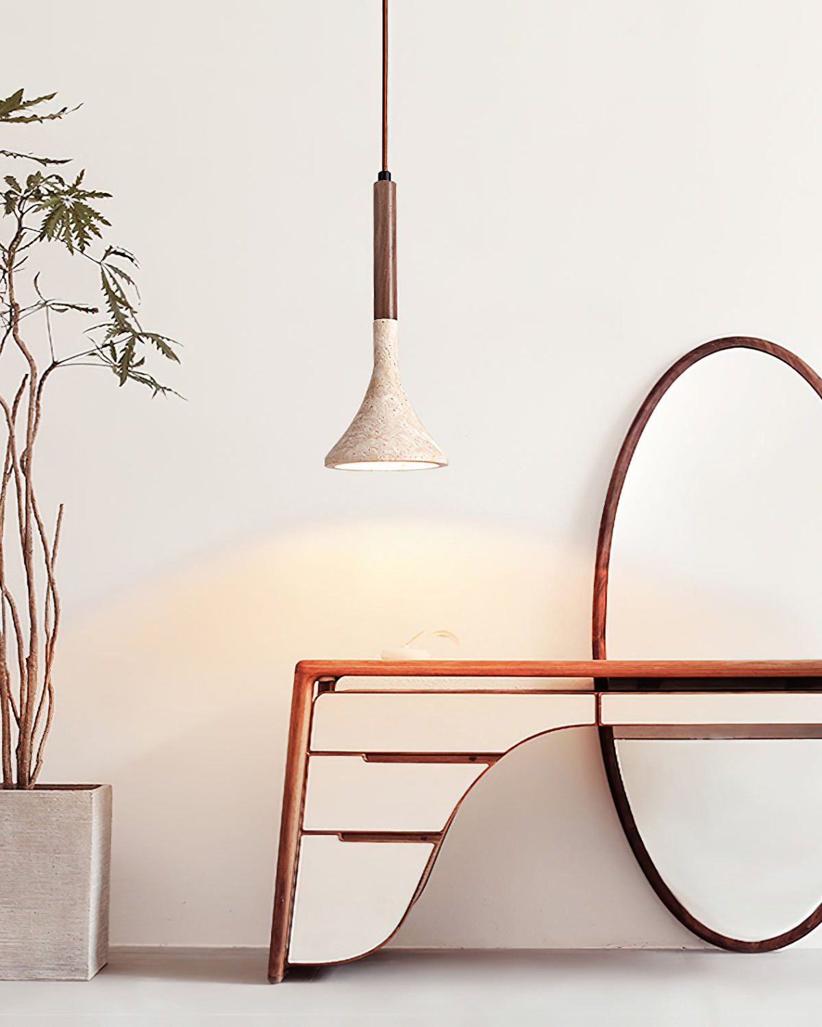 Travertijn Hanglamp met Walnoot Hout – Natuursteen Eetkamerlamp Warm Licht Scandinavisch Interieur | Sansoti