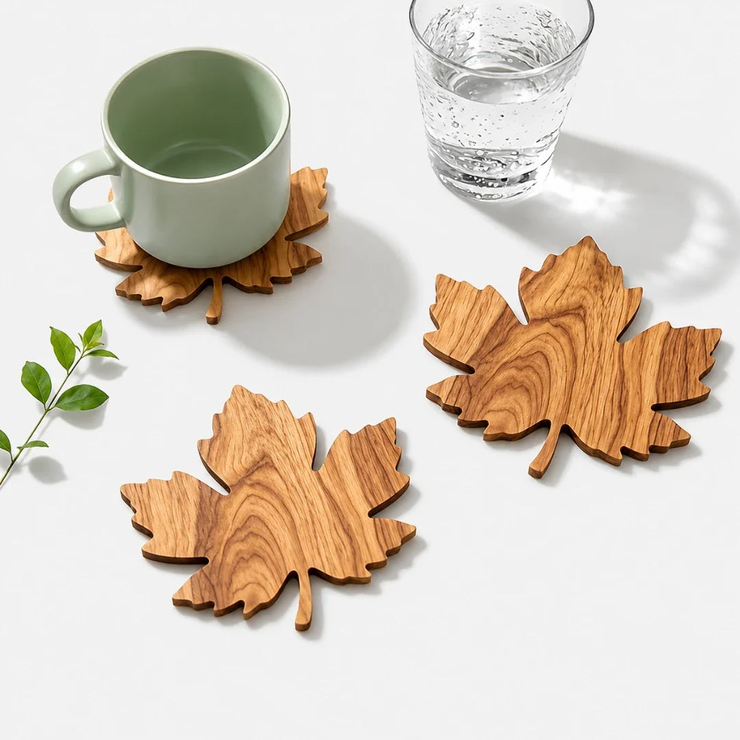 Houten Onderzetters Bladervorm Set van 3 Stuks voor Glazen Kopjes Mokken Tafelbescherming Natuurlijk Houtnerf | Sansoti