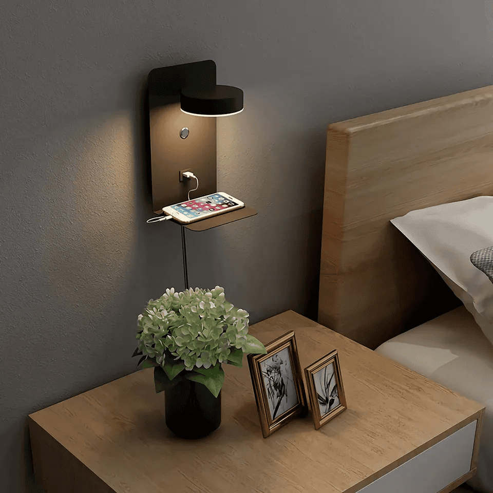Moderne Wandlampe mit Ladeplatte und USB-Anschluss für Schlafzimmer Bettwandbeleuchtung mit warmem Stimmungslicht | Restfield