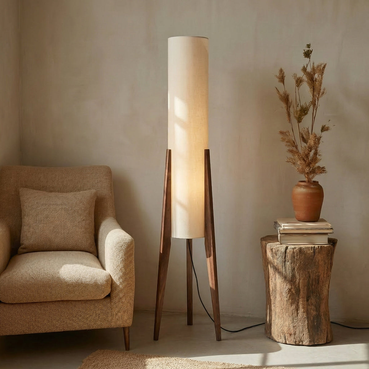 Staande Vloerlamp Notenhout met Linnen Kap en LED-Verlichting voor Sfeervolle Woonkamer en Slaapkamer | Sansoti