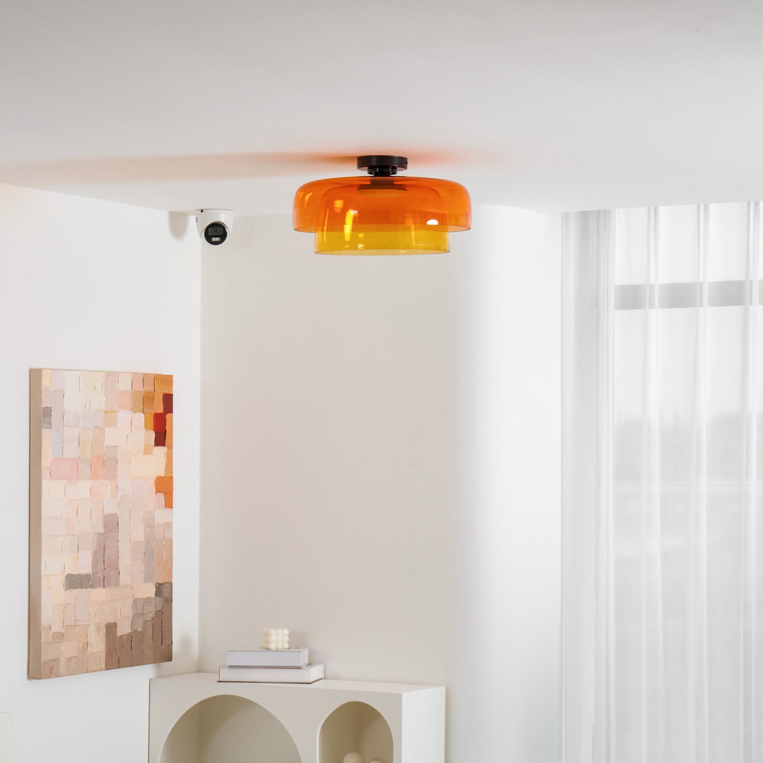 Lagen Plafondlamp met Glazen Schijven | Warm Getint Glas | Scandinavische Elegantie | Subtiel Gelaagd Licht | Moderne Plafondverlichting | Dimbare Versie Beschikbaar | Design Plafondlamp | Meerlaags Glasdesign | Natuurlijk Lichtgevoel | Sansoti