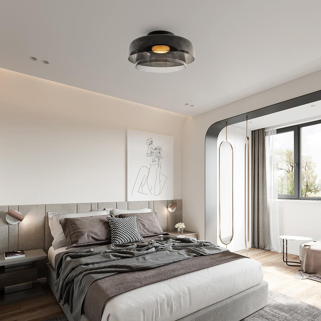 Lagen Plafondlamp met Glazen Schijven | Warm Getint Glas | Scandinavische Elegantie | Subtiel Gelaagd Licht | Moderne Plafondverlichting | Dimbare Versie Beschikbaar | Design Plafondlamp | Meerlaags Glasdesign | Natuurlijk Lichtgevoel | Sansoti
