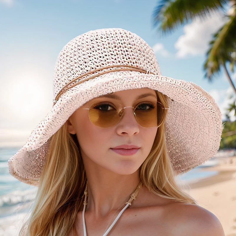 Strohhut für Damen mit breiter Krempe, dekorativer Kordel, atmungsaktiv, faltbar, für Strand, Urlaub und Sommer | Sansoti