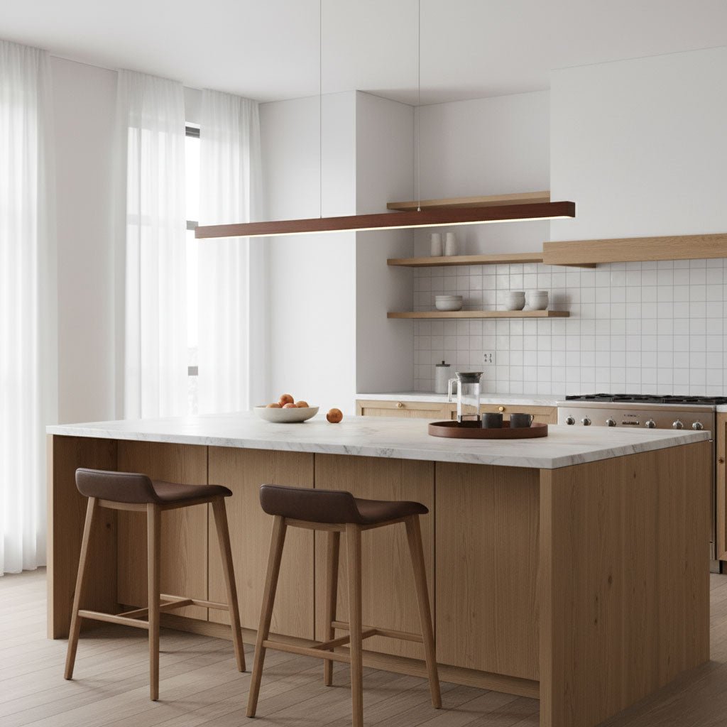 LED Hängelampe Holz Linear Warmes Licht Esstisch Kochinsel Minimalistisch Japandi Design Verstellbares Kabel Balkenlampe | Restfield