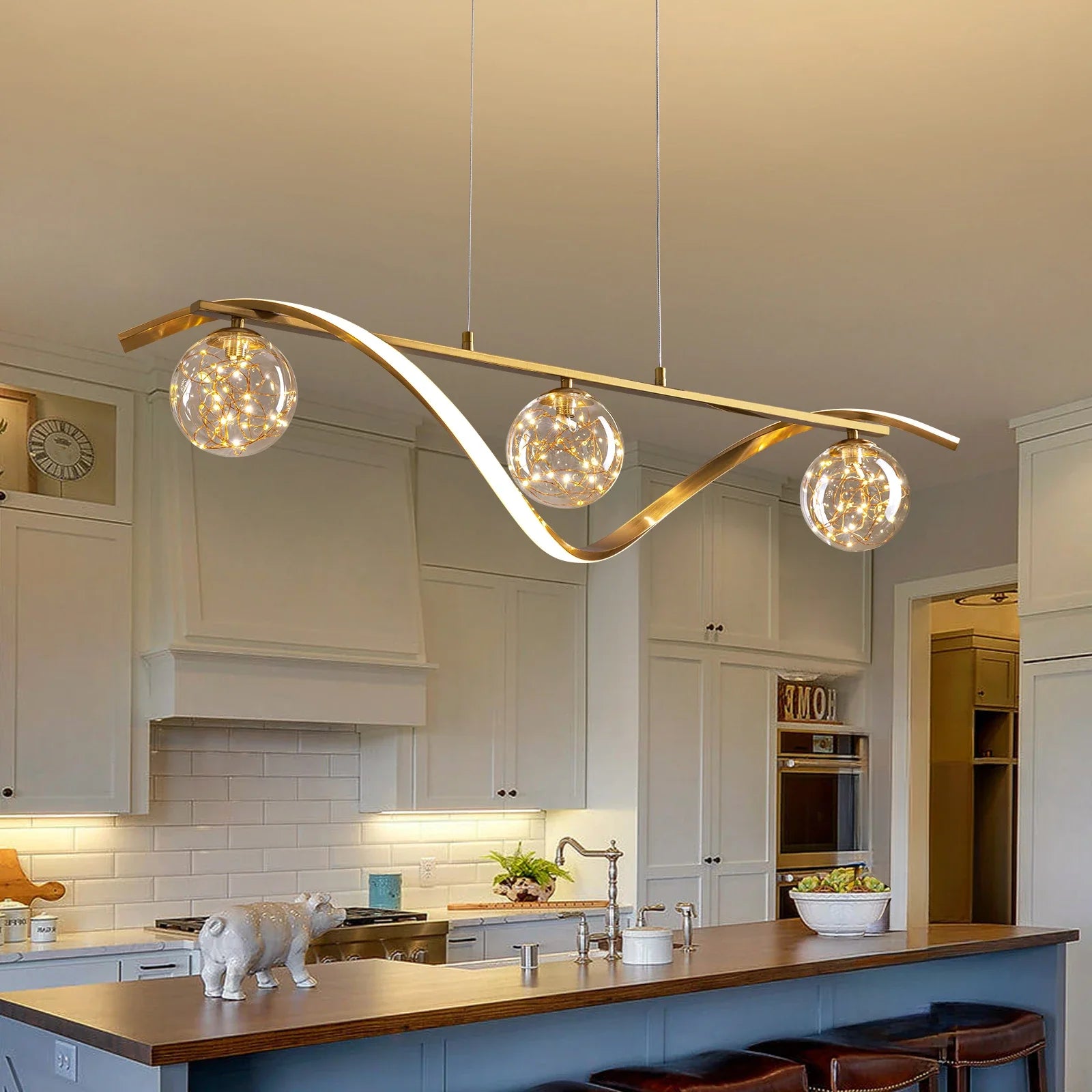 Hanglamp Lineair Glazen Bollen LED Strip Goud Chroom 100cm Eetkamer Keukeneiland Modern | Sansoti
