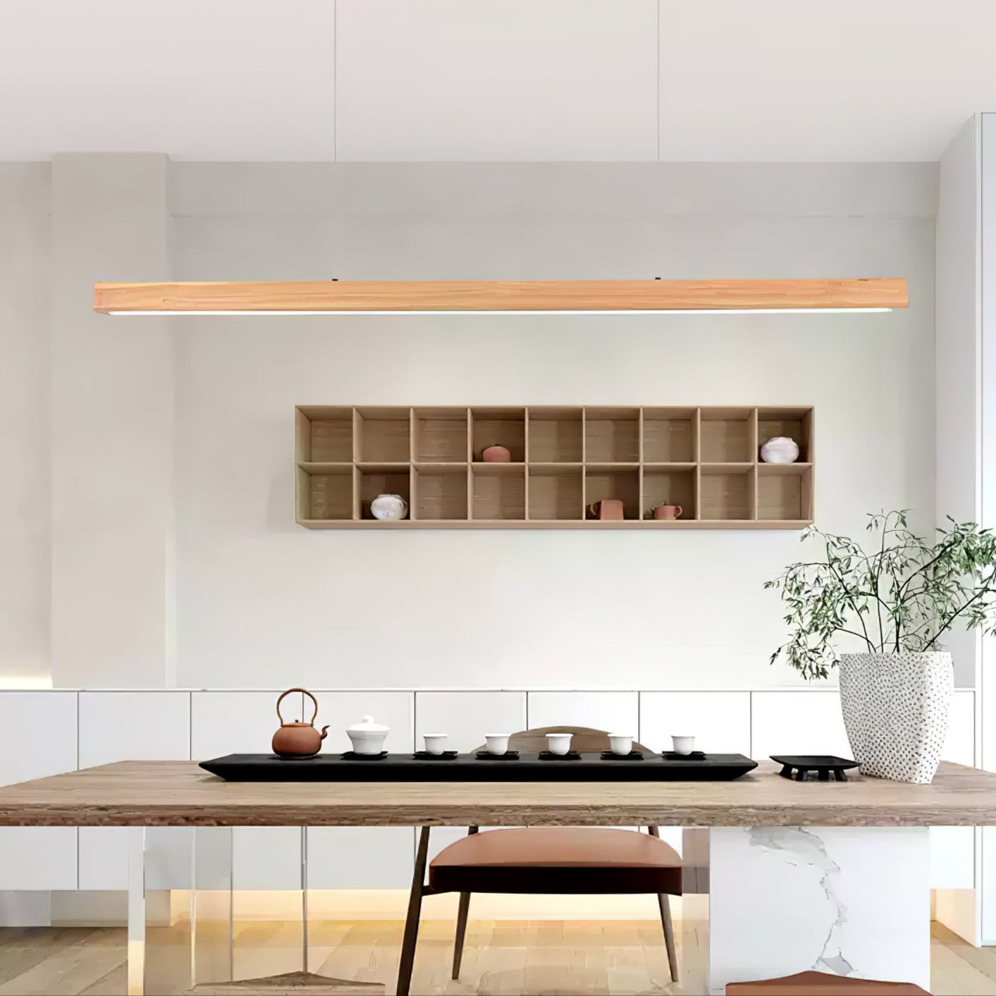 LED Hängelampe Holz Linear Warmes Licht Esstisch Kochinsel Minimalistisch Japandi Design Verstellbares Kabel Balkenlampe | Restfield