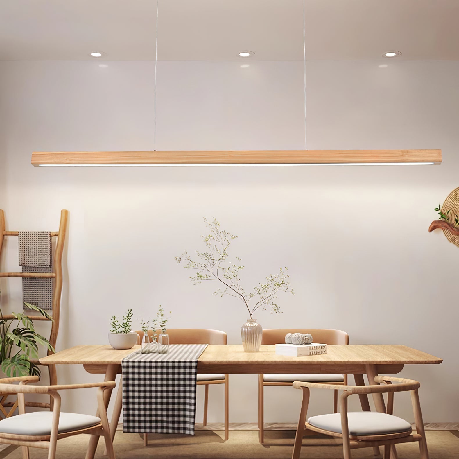 LED Hängelampe Holz Linear Warmes Licht Esstisch Kochinsel Minimalistisch Japandi Design Verstellbares Kabel Balkenlampe | Restfield