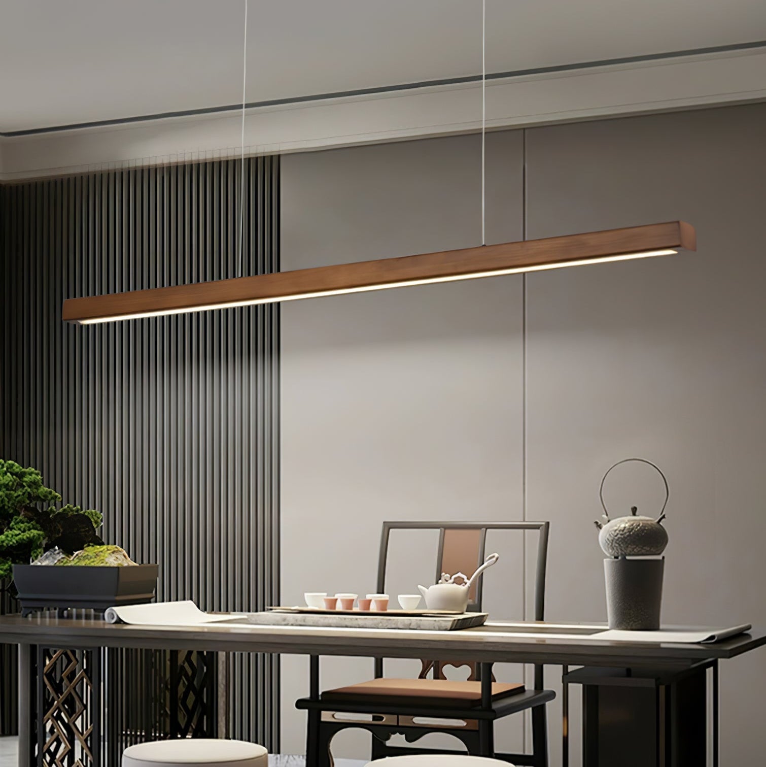 LED Hängelampe Holz Linear Warmes Licht Esstisch Kochinsel Minimalistisch Japandi Design Verstellbares Kabel Balkenlampe | Restfield
