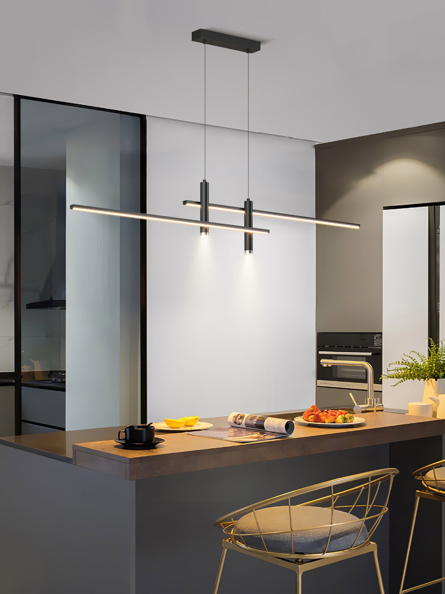 Lineaire hanglamp Links Island • 90/120/150cm • LED geïntegreerd • warm wit/neutraal/koel wit • dimbaar optie • zwart/goud • keuken-eiland boven tafel | Sansoti