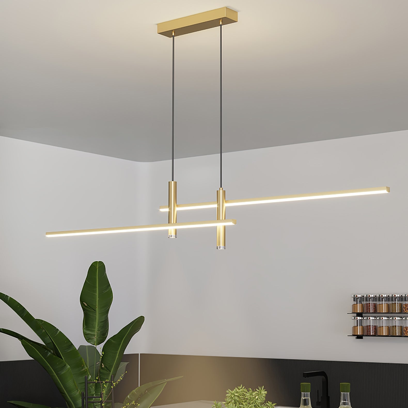 Lineaire hanglamp Links Island • 90/120/150cm • LED geïntegreerd • warm wit/neutraal/koel wit • dimbaar optie • zwart/goud • keuken-eiland boven tafel | Sansoti