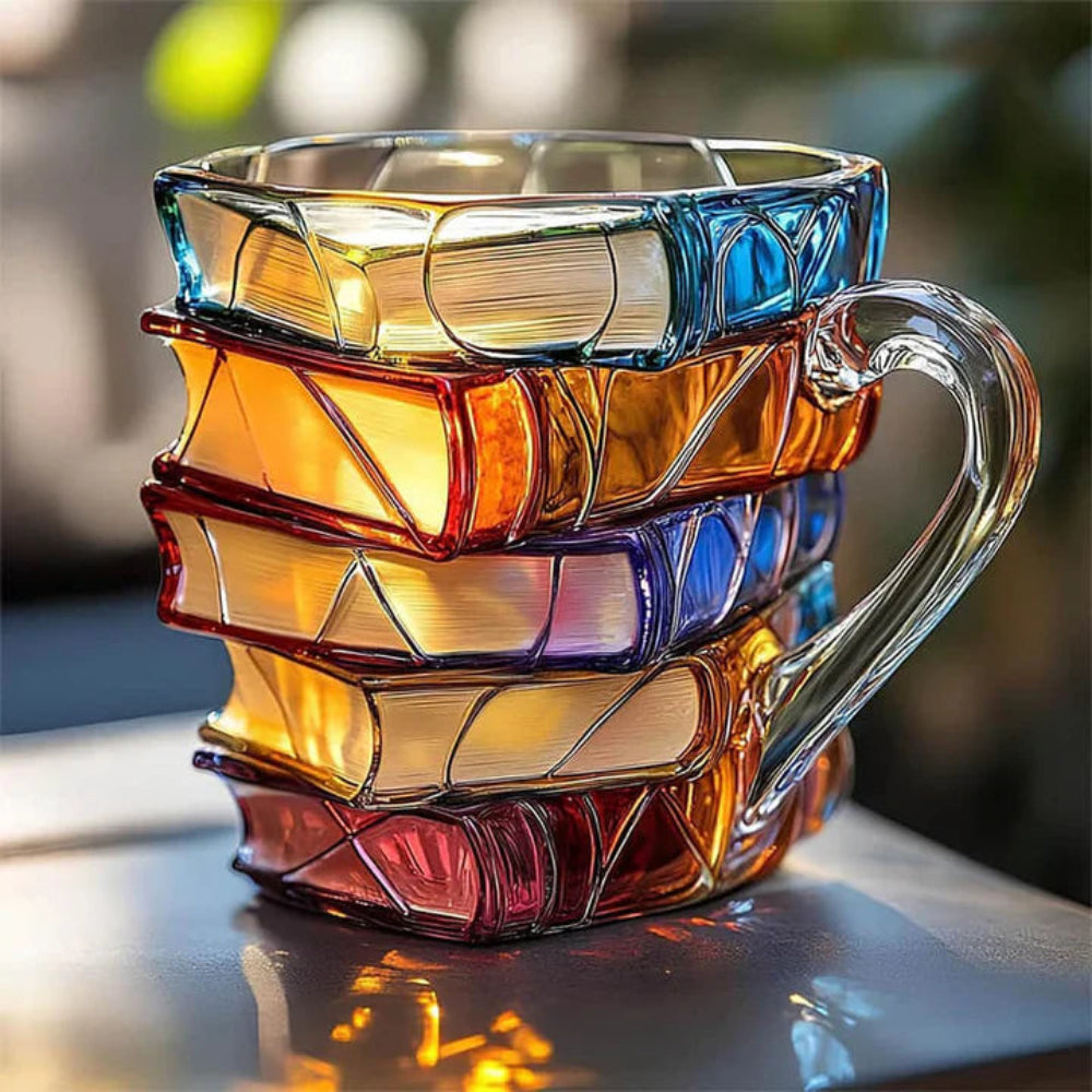 Glazen Beker met 3D Boekenruggen Motief 350ml Transparant Literair Design voor Thee Koffie Warme Dranken | Sansoti