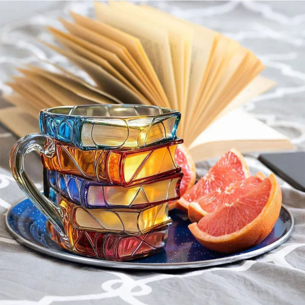 Glazen Beker met 3D Boekenruggen Motief 350ml Transparant Literair Design voor Thee Koffie Warme Dranken | Sansoti