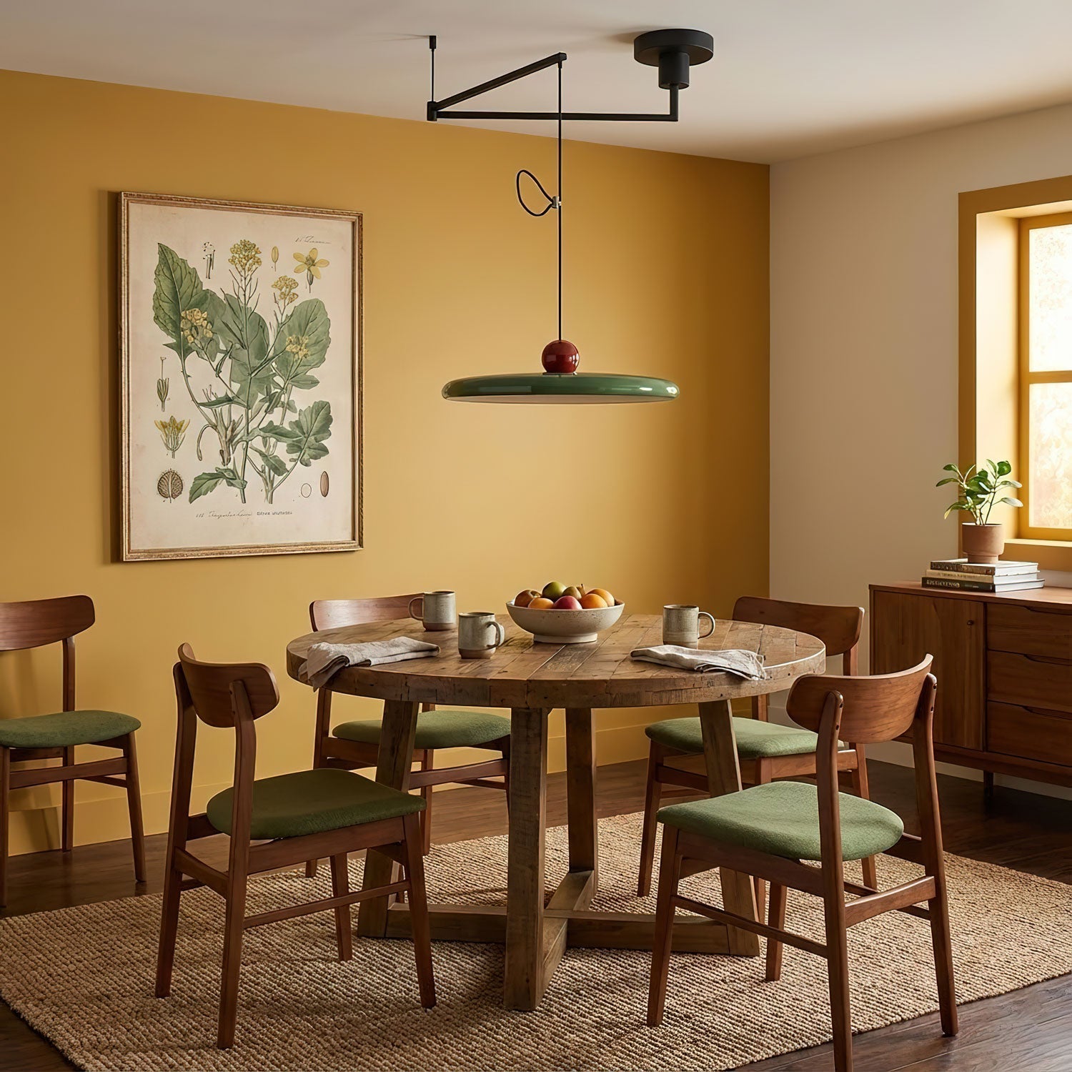 Mid-Century Swing Hanglamp — Kinetisch Design met Zwevende Schijf & Contragewicht | Verstelbare Armlamp voor Moderne Eetkamers en Creatieve Werkruimtes | Integrale LED | Sansoti