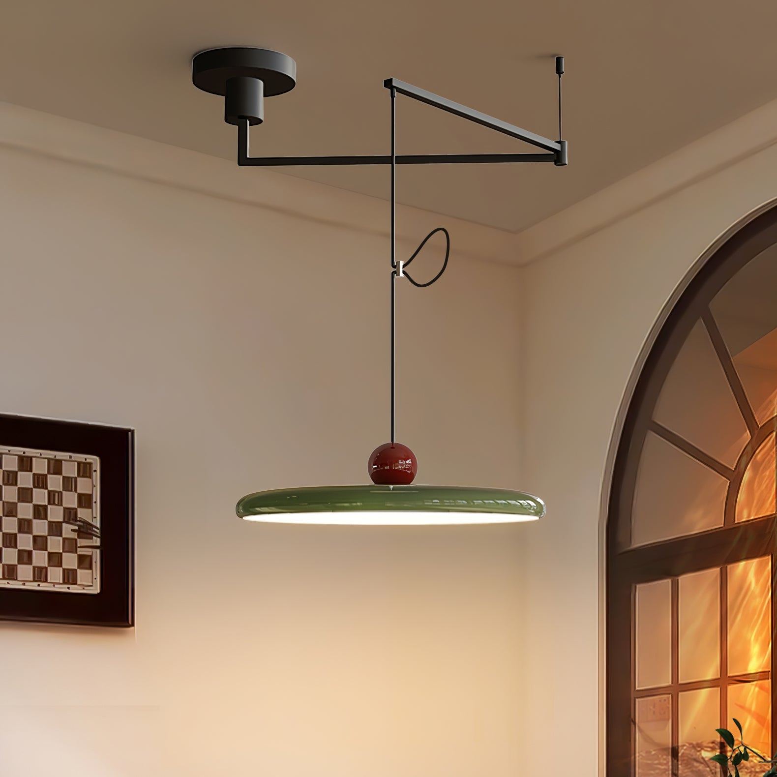 Mid-Century Swing Hanglamp — Kinetisch Design met Zwevende Schijf & Contragewicht | Verstelbare Armlamp voor Moderne Eetkamers en Creatieve Werkruimtes | Integrale LED | Sansoti