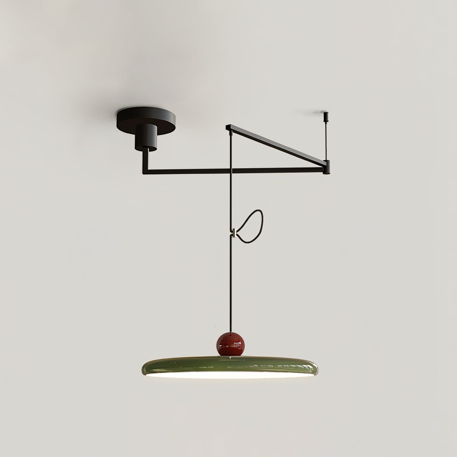 Mid-Century Swing Hanglamp — Kinetisch Design met Zwevende Schijf & Contragewicht | Verstelbare Armlamp voor Moderne Eetkamers en Creatieve Werkruimtes | Integrale LED | Sansoti