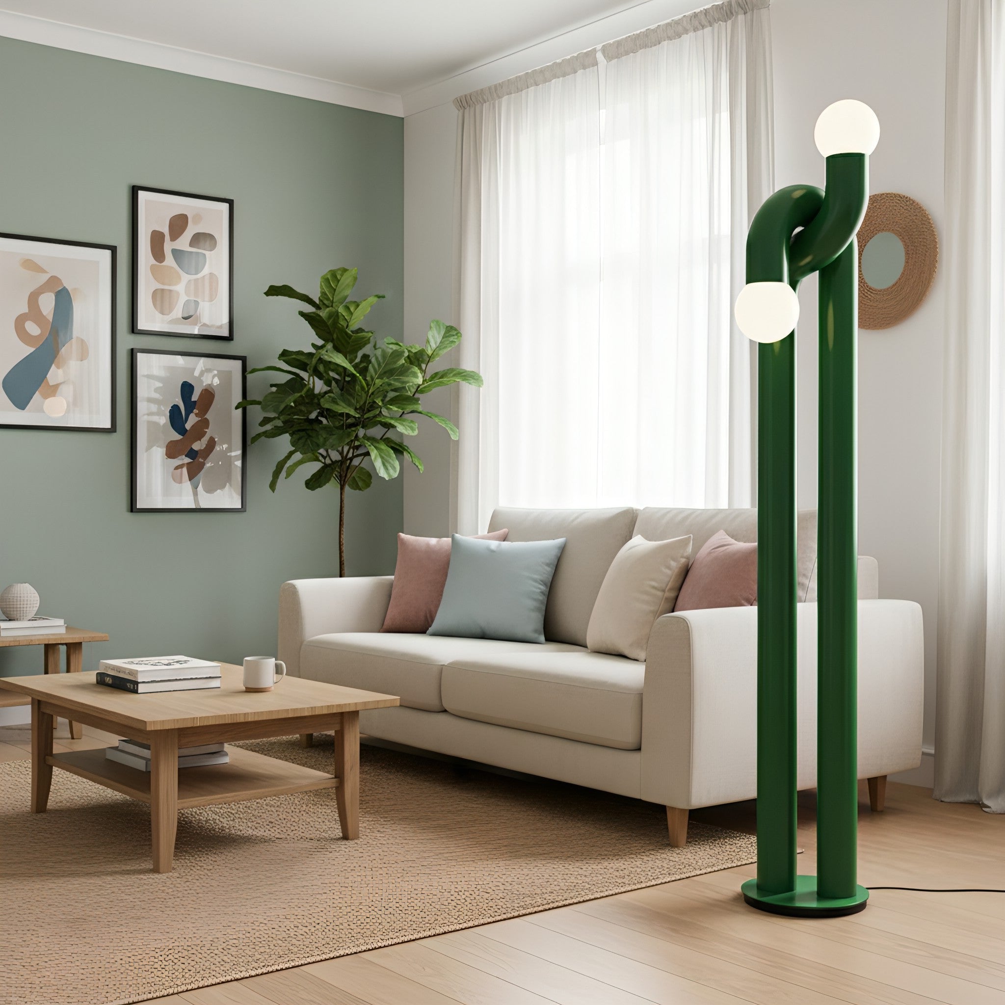 Moderne Staande Boogvorm Lamp met Twee Glazen Bollen – Decoratieve Dubbele Verlichting voor Woonkamer | Sansoti