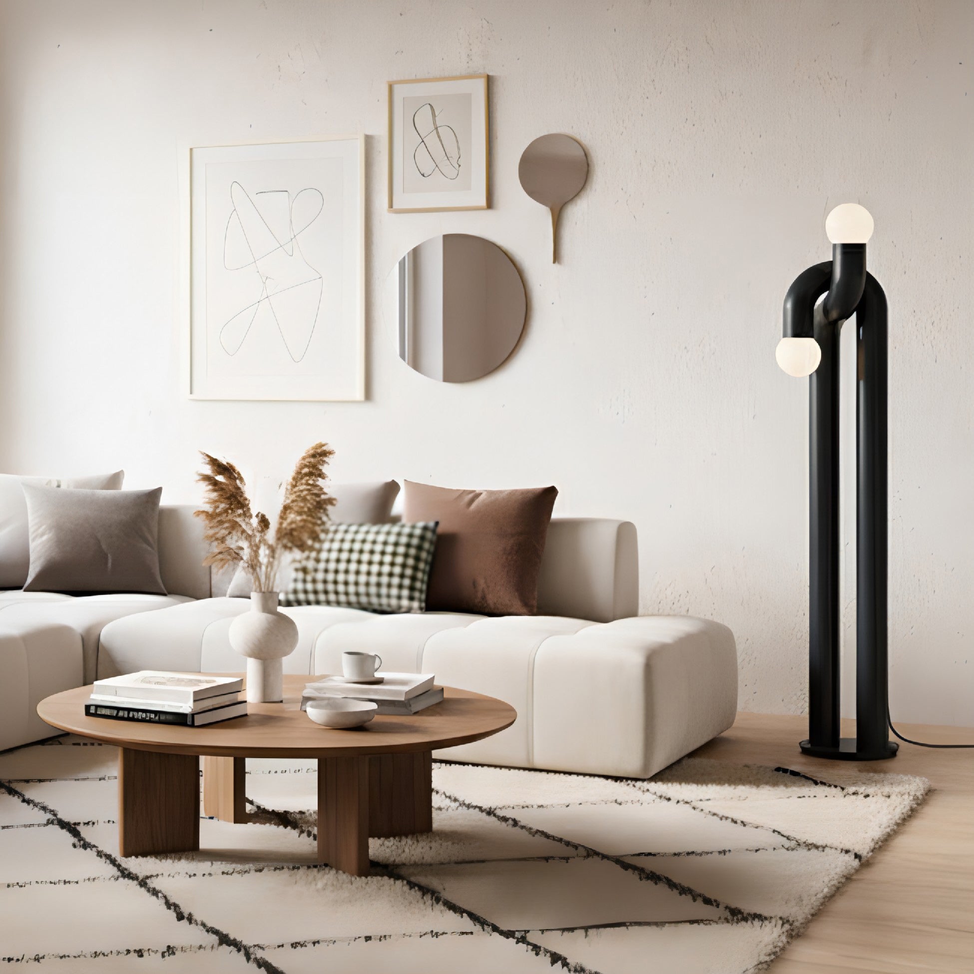 Moderne Staande Boogvorm Lamp met Twee Glazen Bollen – Decoratieve Dubbele Verlichting voor Woonkamer | Sansoti