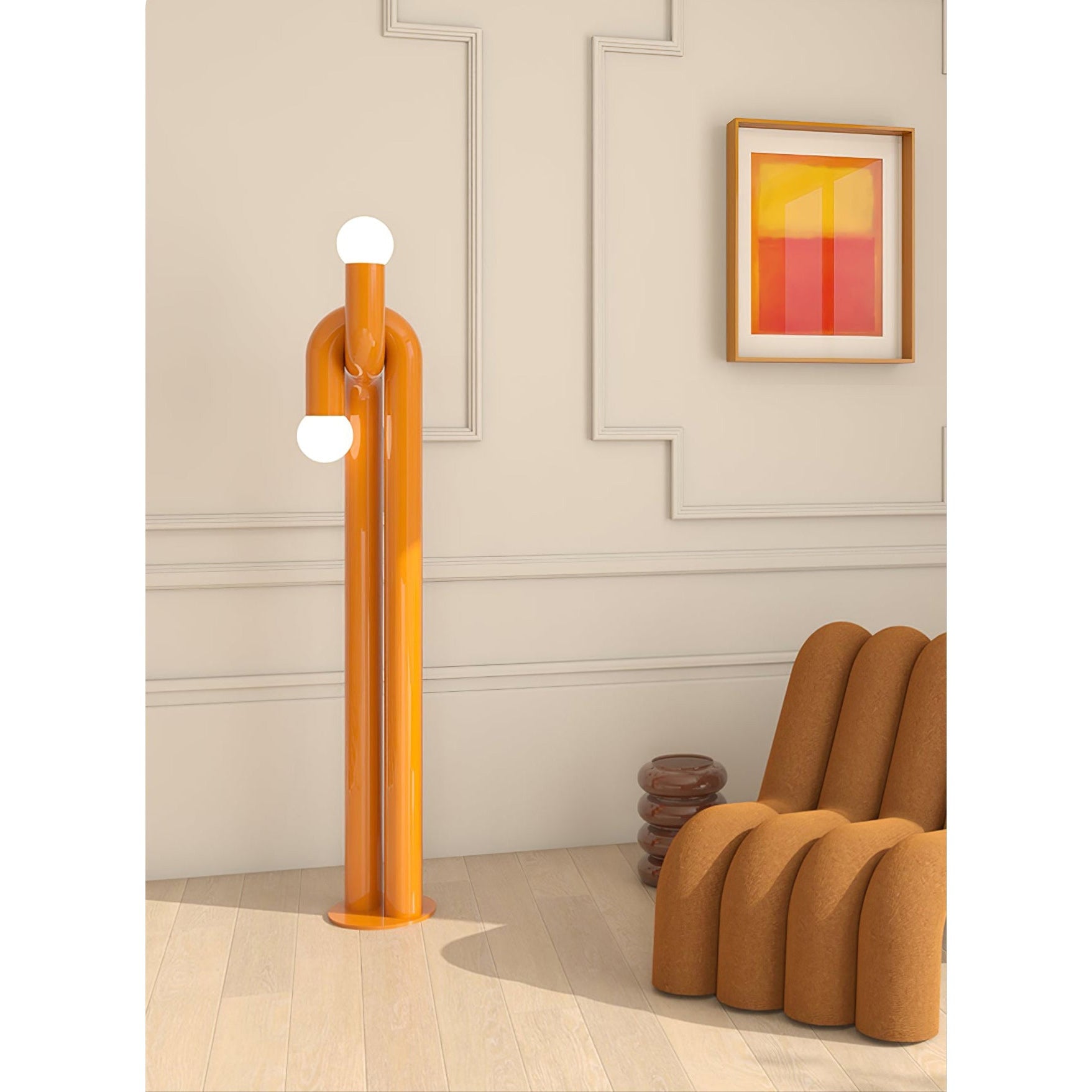 Moderne Staande Boogvorm Lamp met Twee Glazen Bollen – Decoratieve Dubbele Verlichting voor Woonkamer | Sansoti
