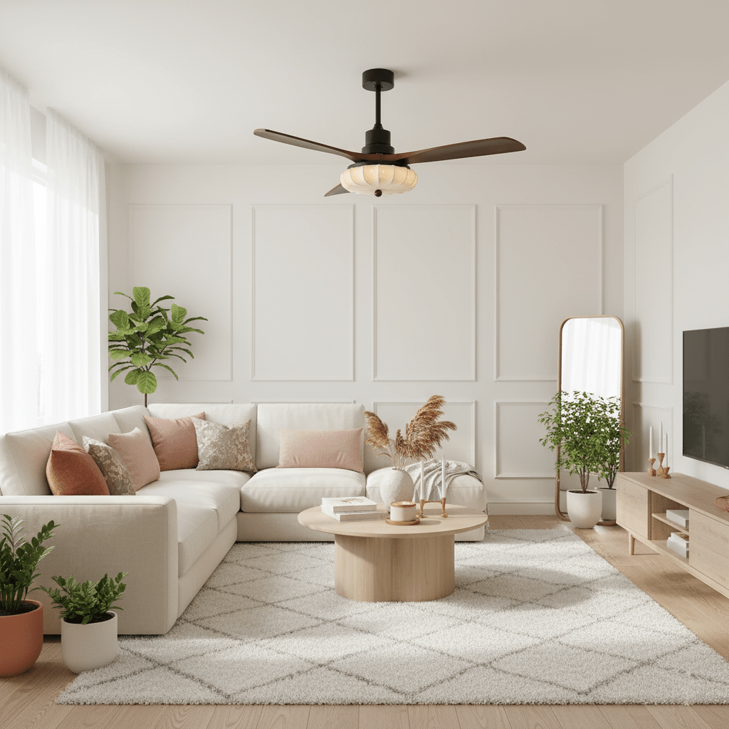 Ventilateur de plafond avec éclairage – Moteur DC – Abat-jour en coton motif lotus – Lames en noyer – Réglable & réversible | Sansoti