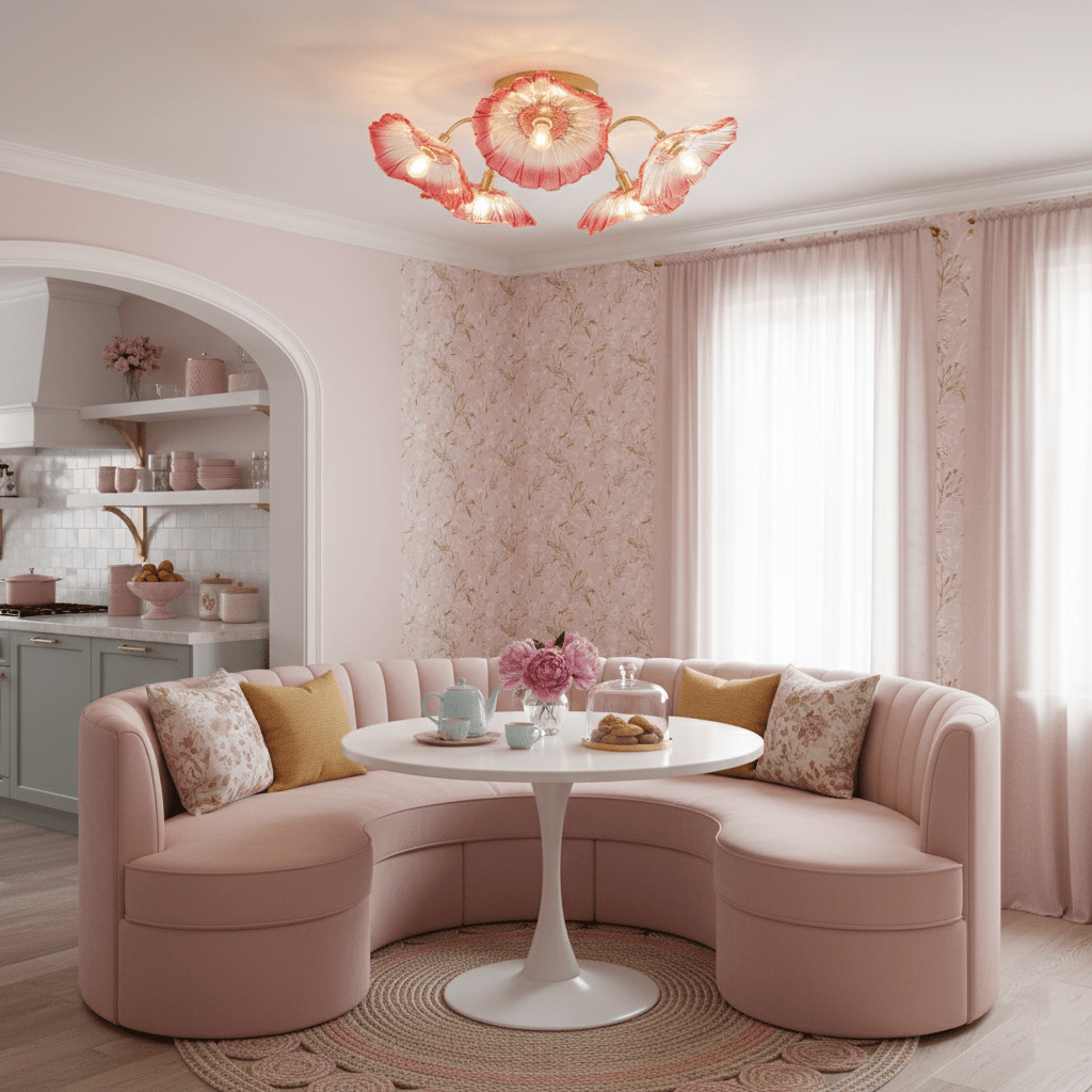 Glazen Plafondlamp met Bladmotief – 3, 5 of 6 Lichtpunten – Gouden Armatuur met Helder of Roze Matglas | Sansoti