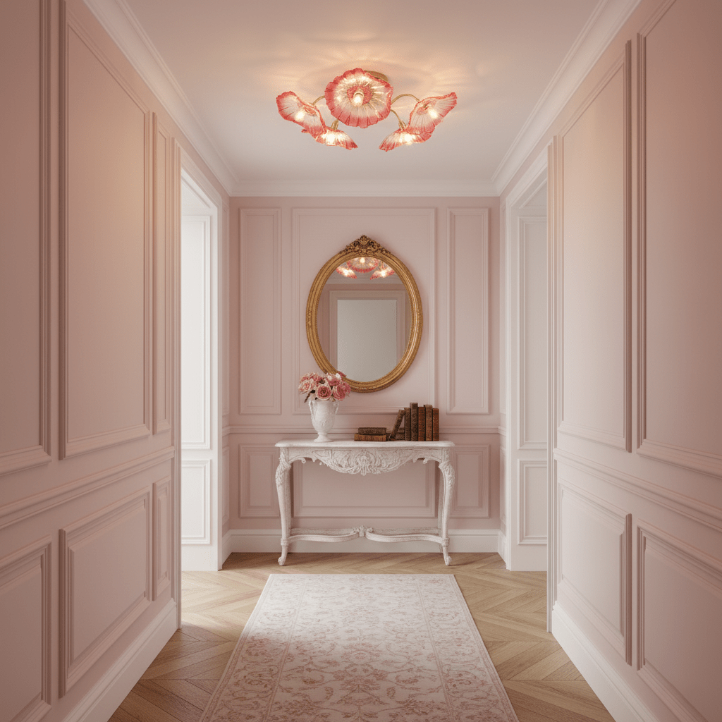 Glazen Plafondlamp met Bladmotief – 3, 5 of 6 Lichtpunten – Gouden Armatuur met Helder of Roze Matglas | Sansoti