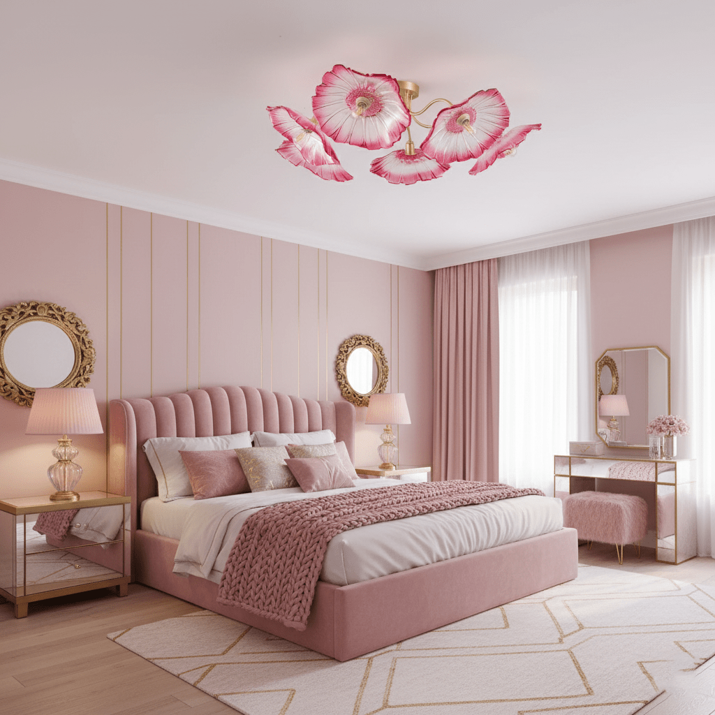 Glazen Plafondlamp met Bladmotief – 3, 5 of 6 Lichtpunten – Gouden Armatuur met Helder of Roze Matglas | Sansoti