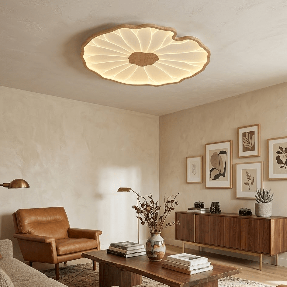 Plafondlamp Lotusbladmotief – Acryl Afwerking 6 Maten Houtnerf Warmwit Scandinavisch Design Eetkamerlamp | Sansoti