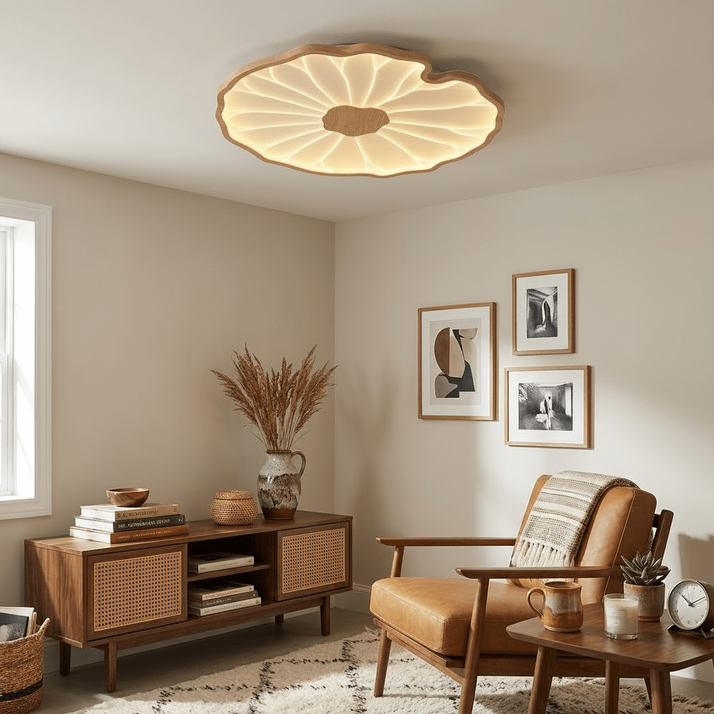 Plafondlamp Lotusbladmotief – Acryl Afwerking 6 Maten Houtnerf Warmwit Scandinavisch Design Eetkamerlamp | Sansoti