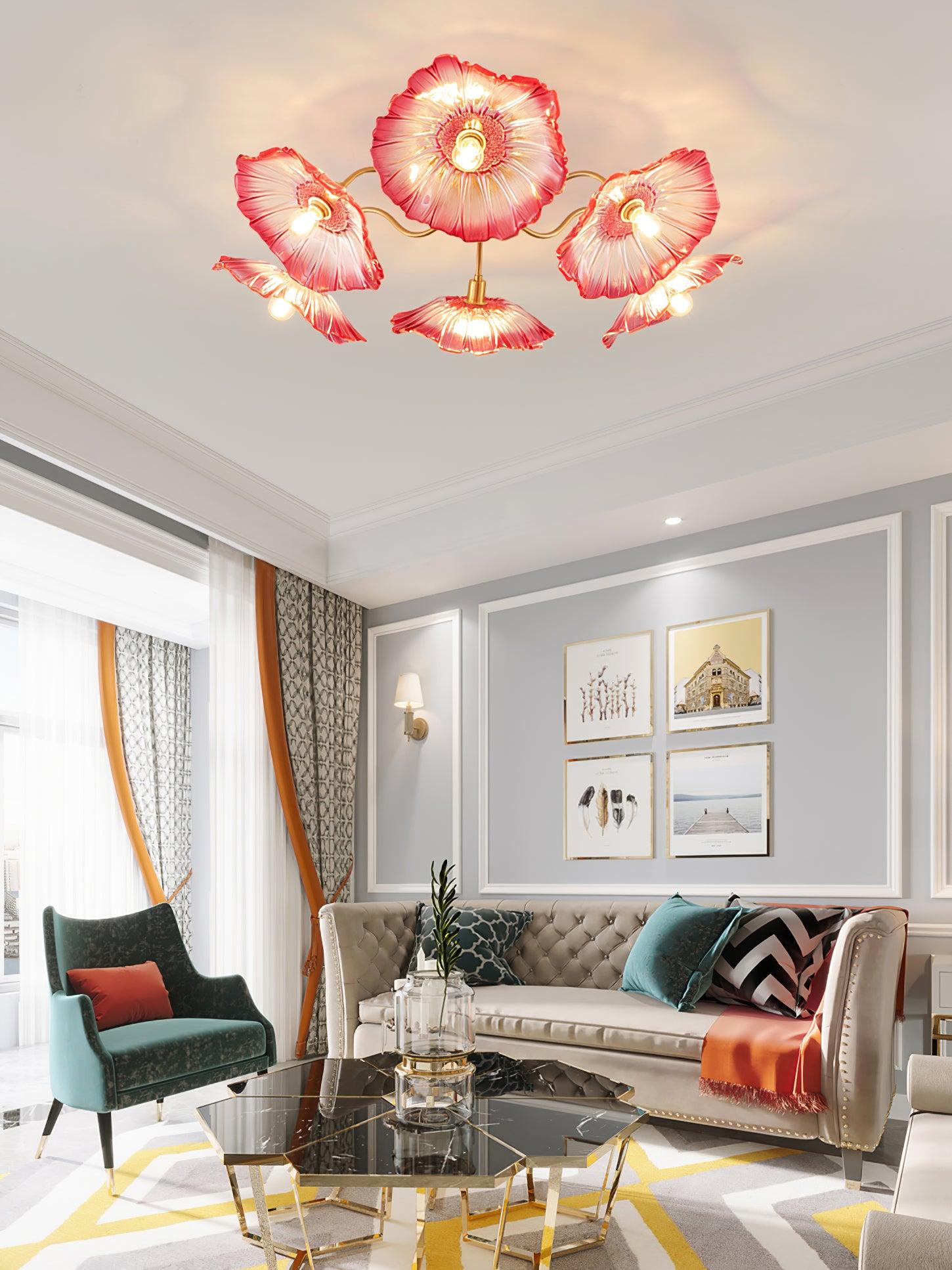 Glazen Plafondlamp met Bladmotief – 3, 5 of 6 Lichtpunten – Gouden Armatuur met Helder of Roze Matglas | Sansoti