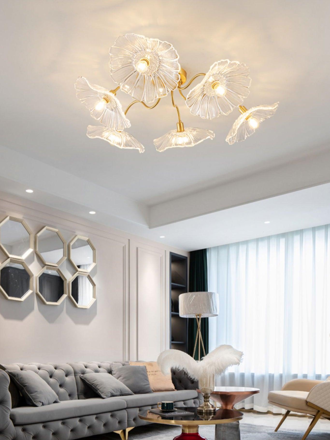 Glazen Plafondlamp met Bladmotief – 3, 5 of 6 Lichtpunten – Gouden Armatuur met Helder of Roze Matglas | Sansoti