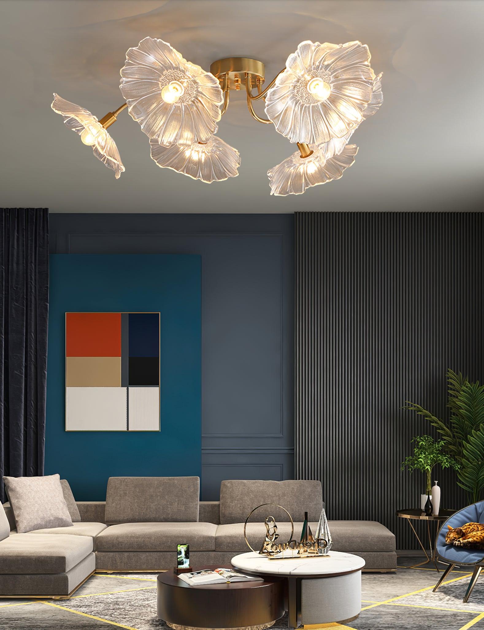 Glazen Plafondlamp met Bladmotief – 3, 5 of 6 Lichtpunten – Gouden Armatuur met Helder of Roze Matglas | Sansoti