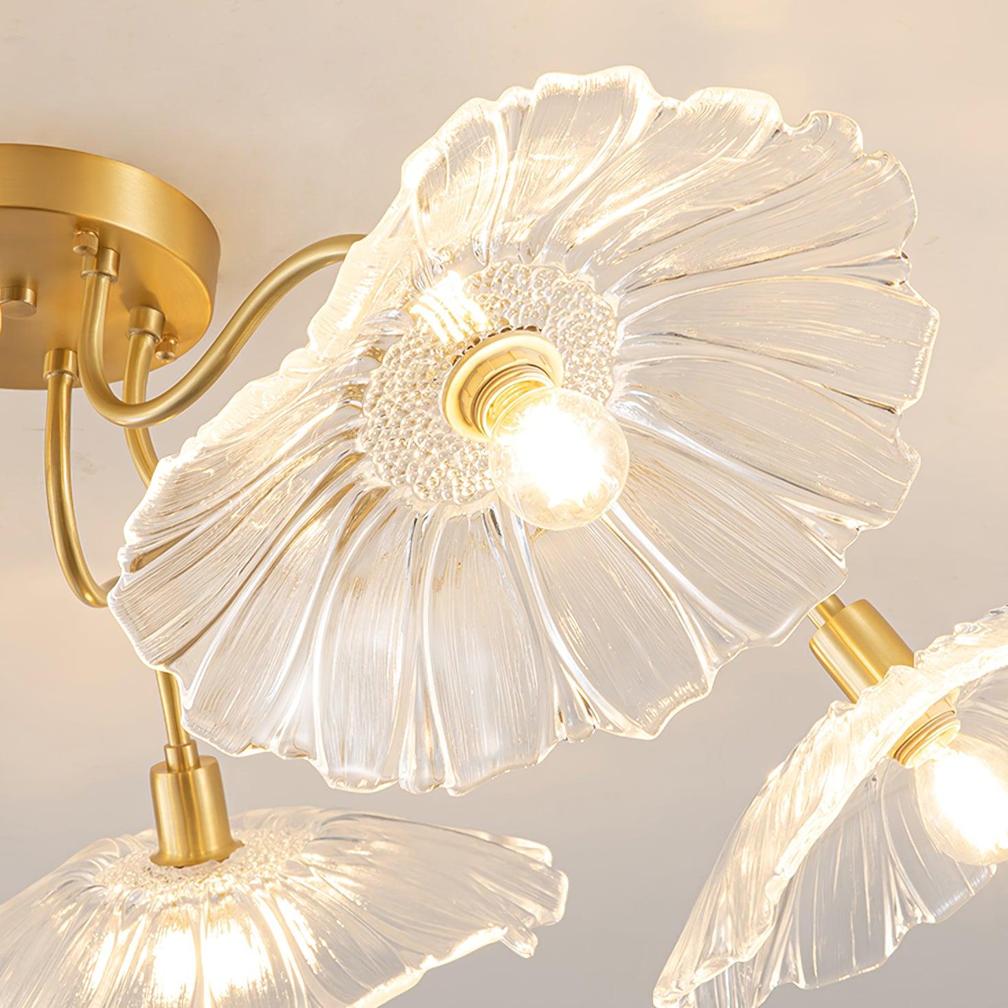 Glazen Plafondlamp met Bladmotief – 3, 5 of 6 Lichtpunten – Gouden Armatuur met Helder of Roze Matglas | Sansoti