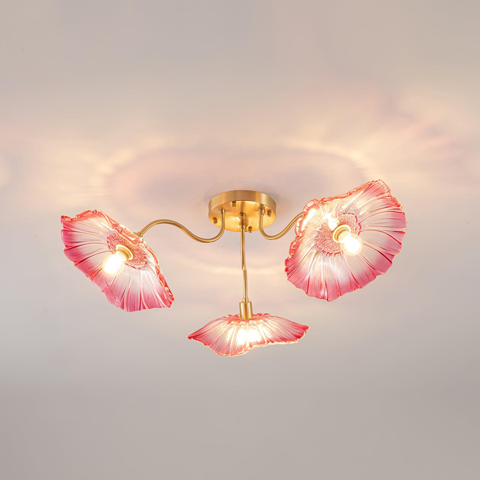 Glazen Plafondlamp met Bladmotief – 3, 5 of 6 Lichtpunten – Gouden Armatuur met Helder of Roze Matglas | Sansoti