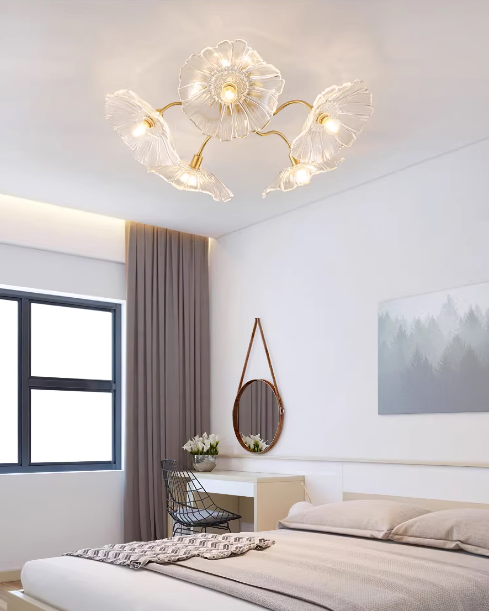 Glazen Plafondlamp met Bladmotief – 3, 5 of 6 Lichtpunten – Gouden Armatuur met Helder of Roze Matglas | Sansoti