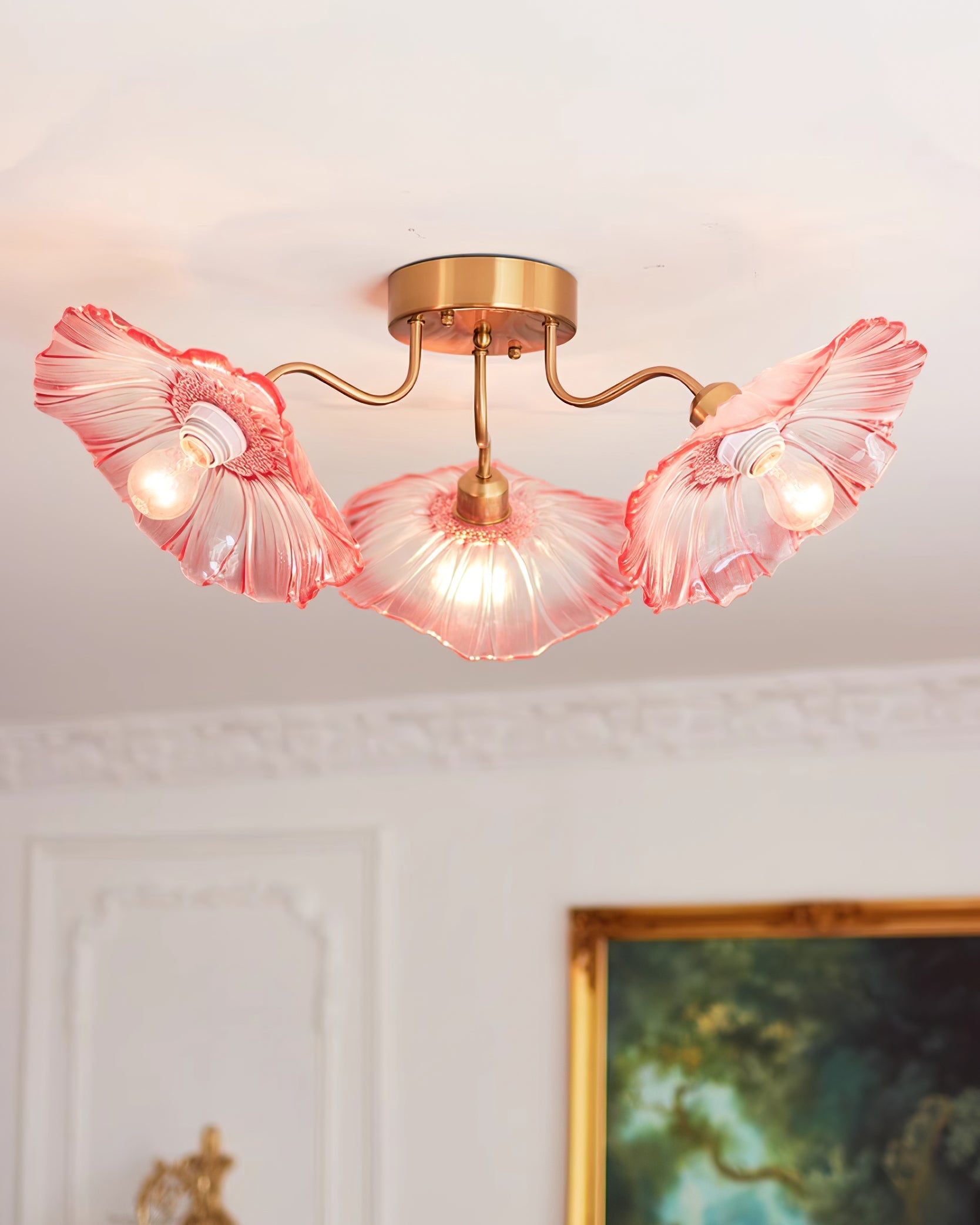Glazen Plafondlamp met Bladmotief – 3, 5 of 6 Lichtpunten – Gouden Armatuur met Helder of Roze Matglas | Sansoti