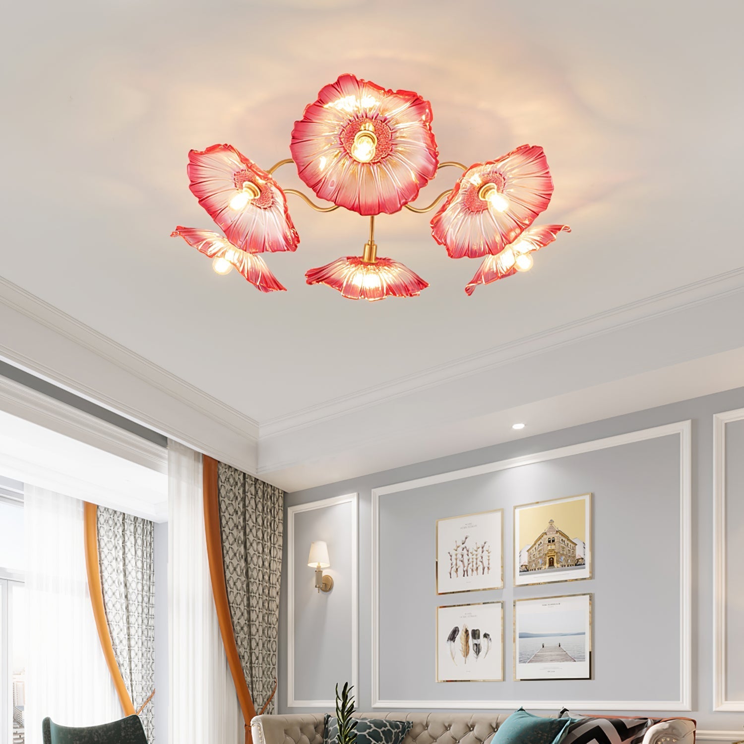 Glazen Plafondlamp met Bladmotief – 3, 5 of 6 Lichtpunten – Gouden Armatuur met Helder of Roze Matglas | Sansoti