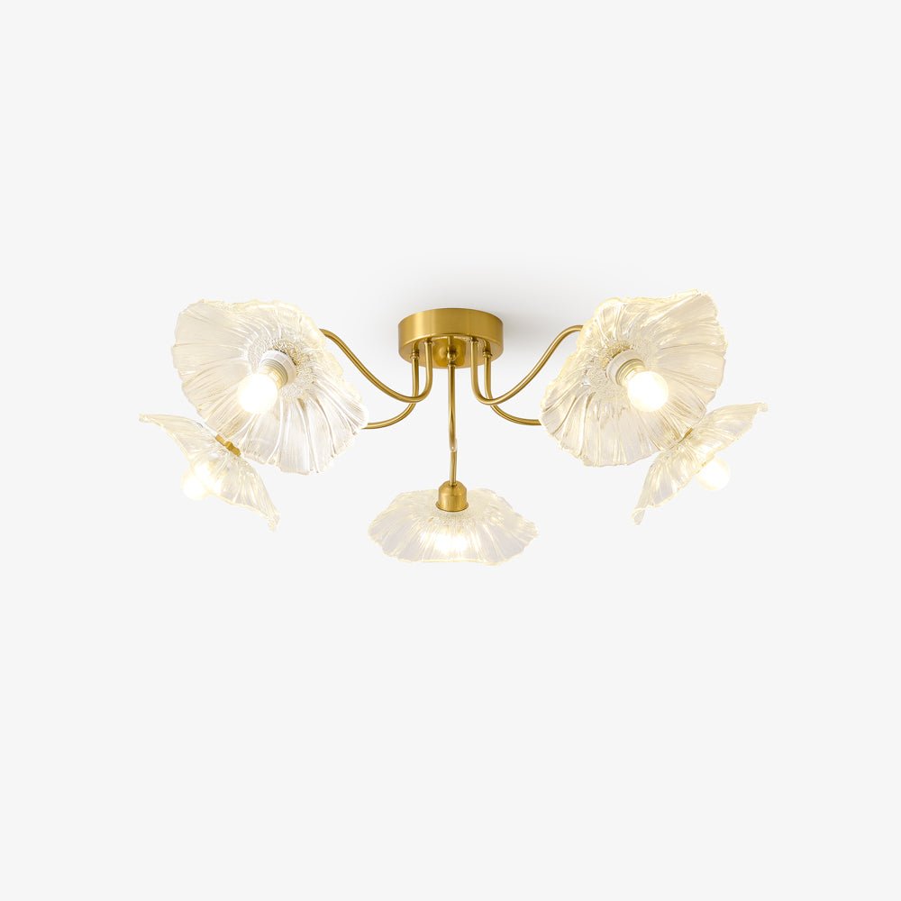Glazen Plafondlamp met Bladmotief – 3, 5 of 6 Lichtpunten – Gouden Armatuur met Helder of Roze Matglas | Sansoti