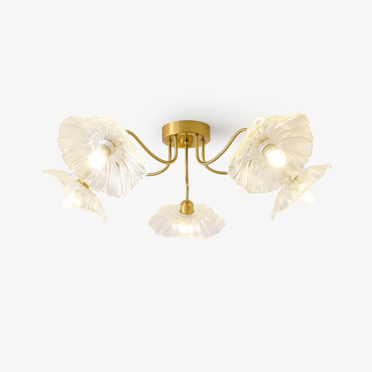 Glazen Plafondlamp met Bladmotief – 3, 5 of 6 Lichtpunten – Gouden Armatuur met Helder of Roze Matglas | Sansoti