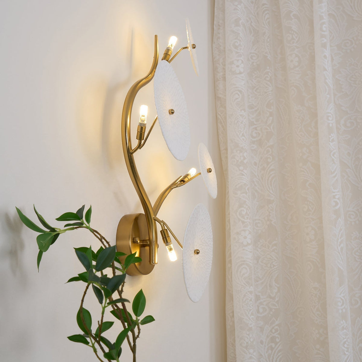 Ceramic Petal Wall Lamp Metal Accent Sculptural Warm Light Interior Art Lighting Decorative | Sansoti