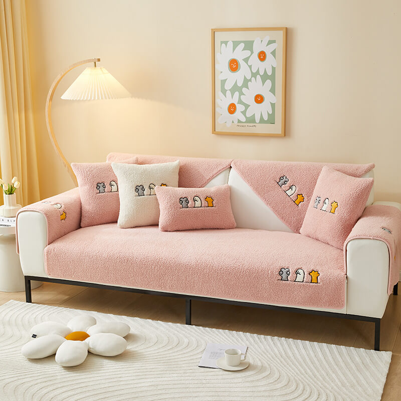 Sherpa Fleece Sofa Cover with Cat Paw Pattern Beige Gray Blue Pink Non-Slip Furniture Protector Sofa | Sansoti