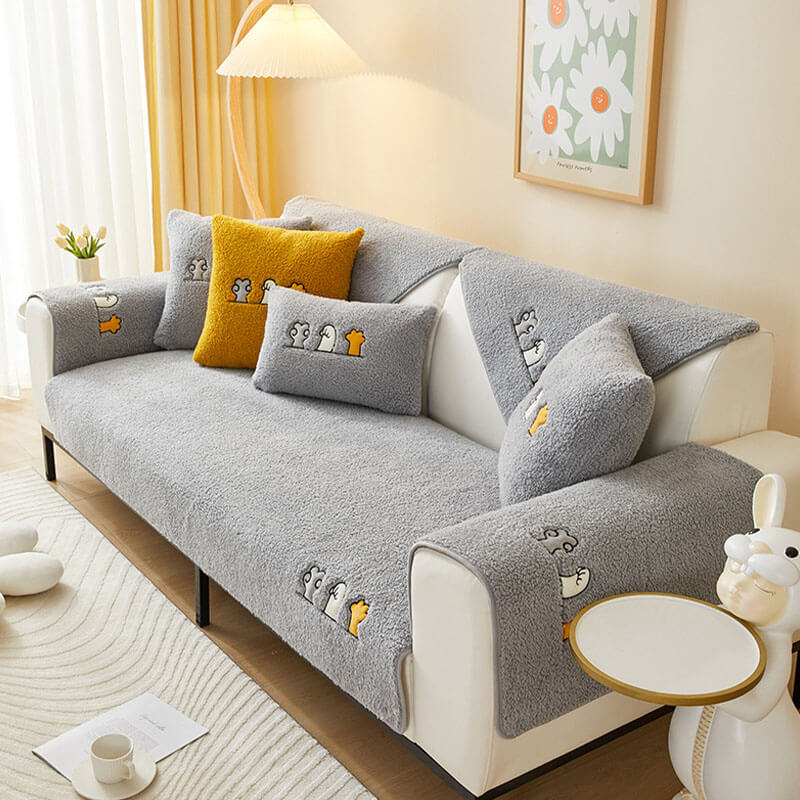 Sherpa Fleece Sofa Cover with Cat Paw Pattern Beige Gray Blue Pink Non-Slip Furniture Protector Sofa | Sansoti