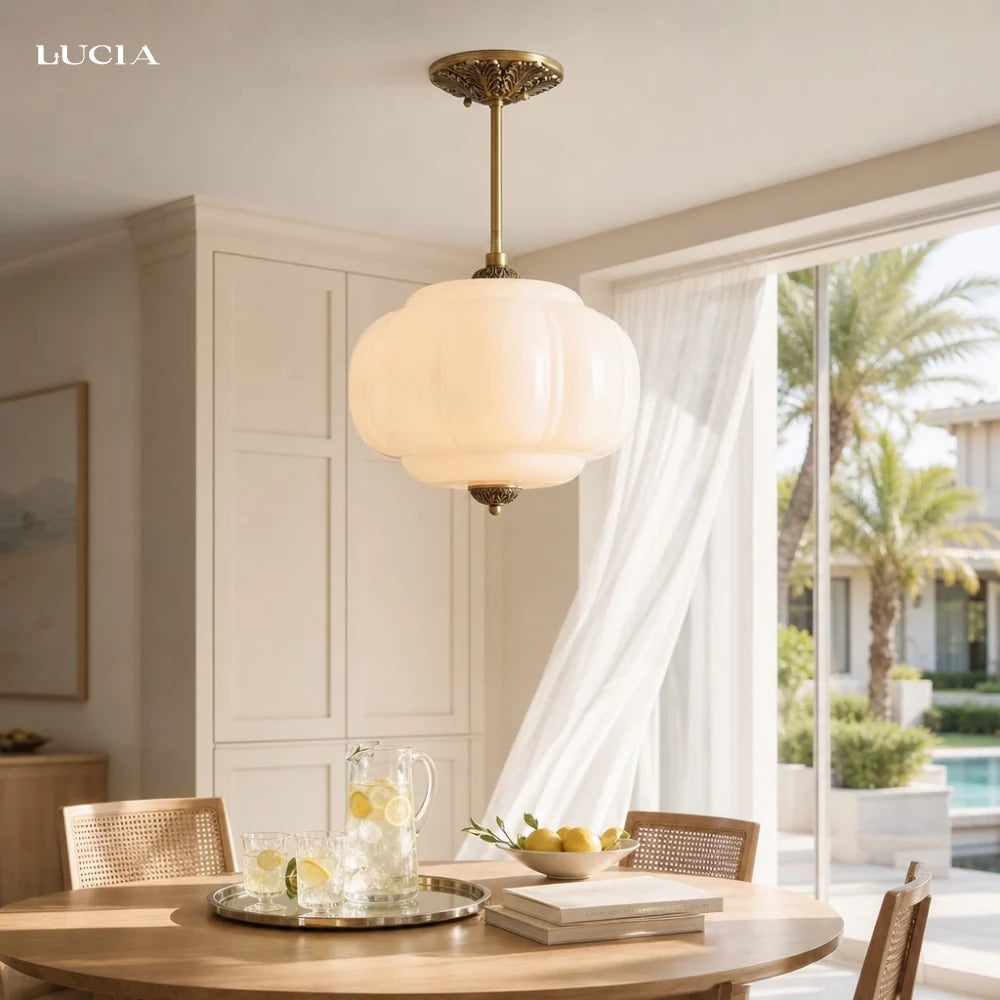 Antique Brass Plafondlamp met Groen Glas Pompoendesign - Elegante Hanglamp voor Eetkamer Keukeneiland Slaapkamer | Sansoti
