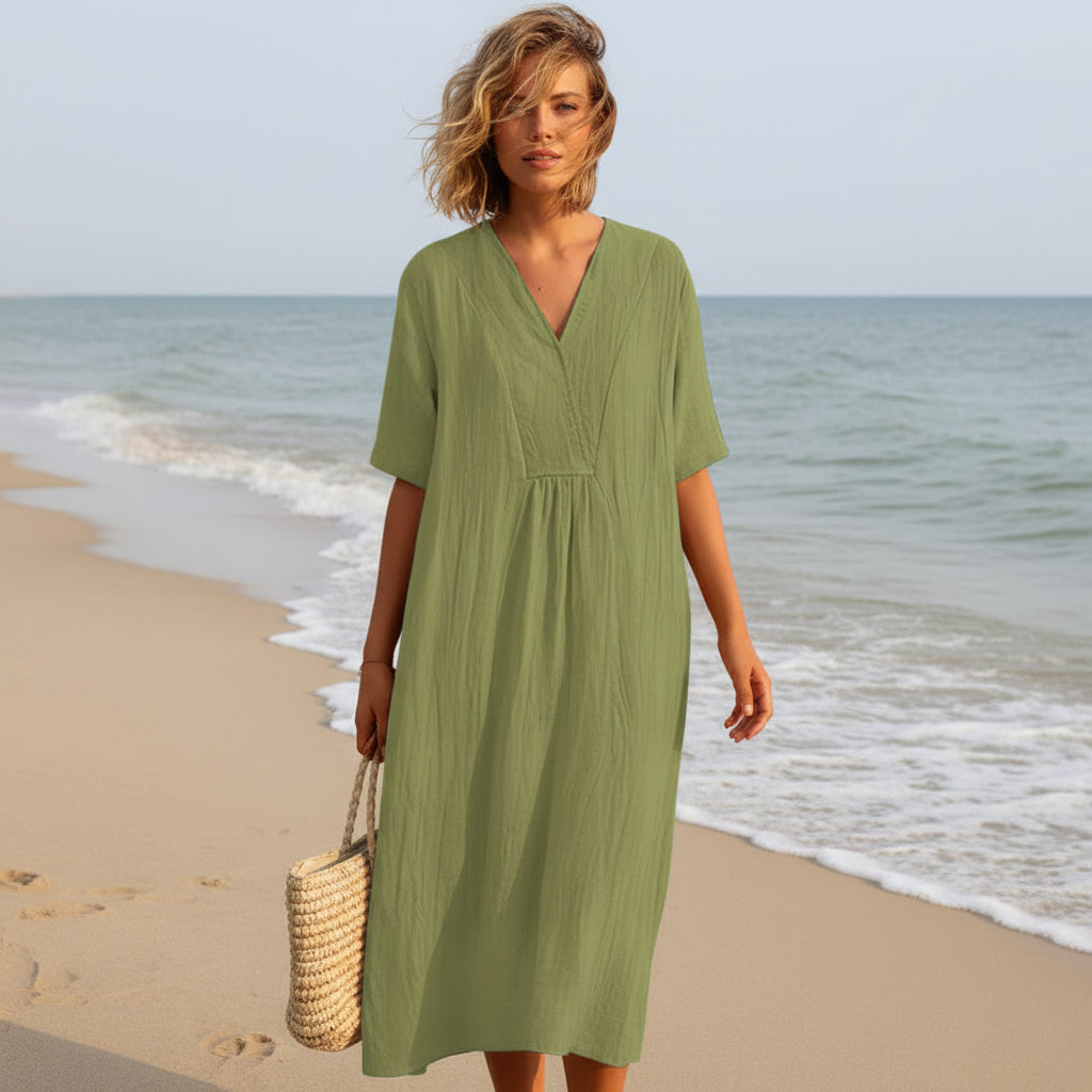 Zomerjurk voor Dames Luchtig A-Lijn Model V-hals Comfortabel Casual Vakantie Strandjurk Met Zakken | Sansoti