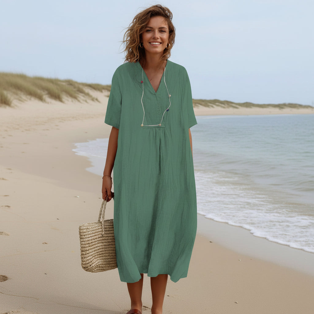 Zomerjurk voor Dames Luchtig A-Lijn Model V-hals Comfortabel Casual Vakantie Strandjurk Met Zakken | Sansoti