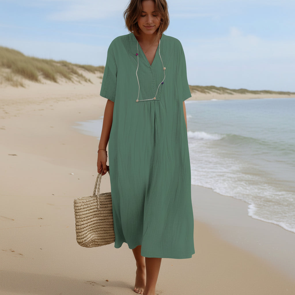 Zomerjurk voor Dames Luchtig A-Lijn Model V-hals Comfortabel Casual Vakantie Strandjurk Met Zakken | Sansoti