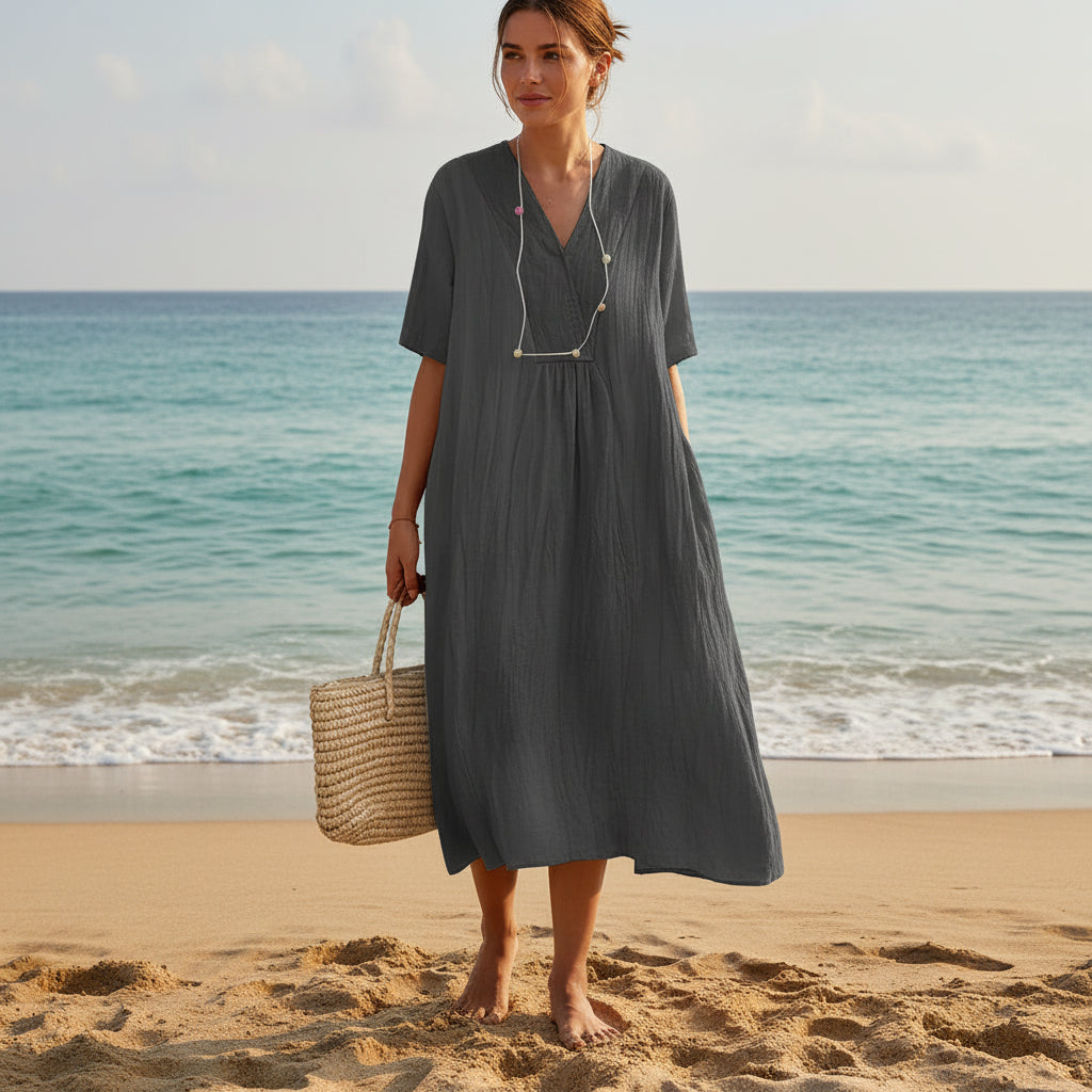 Zomerjurk voor Dames Luchtig A-Lijn Model V-hals Comfortabel Casual Vakantie Strandjurk Met Zakken | Sansoti