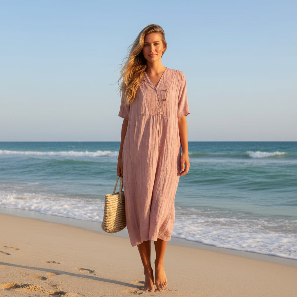 Zomerjurk voor Dames Luchtig A-Lijn Model V-hals Comfortabel Casual Vakantie Strandjurk Met Zakken | Sansoti