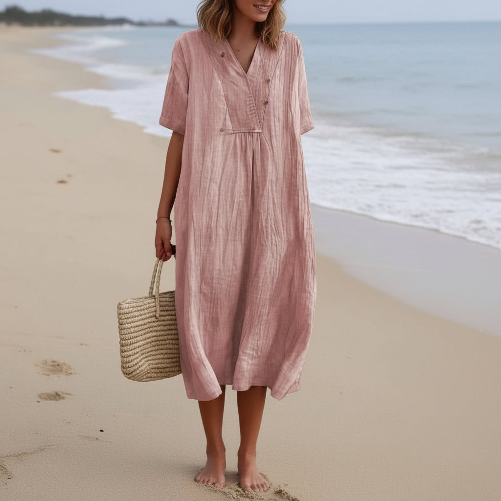 Zomerjurk voor Dames Luchtig A-Lijn Model V-hals Comfortabel Casual Vakantie Strandjurk Met Zakken | Sansoti